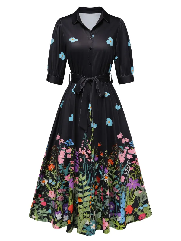 Black 1940s Floral Shirt Neck Belt Dress sold by Retro Stage