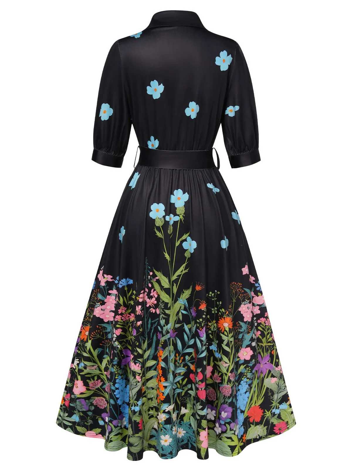 Black 1940s Floral Shirt Neck Belt Dress sold by Retro Stage product image thumbnail 2