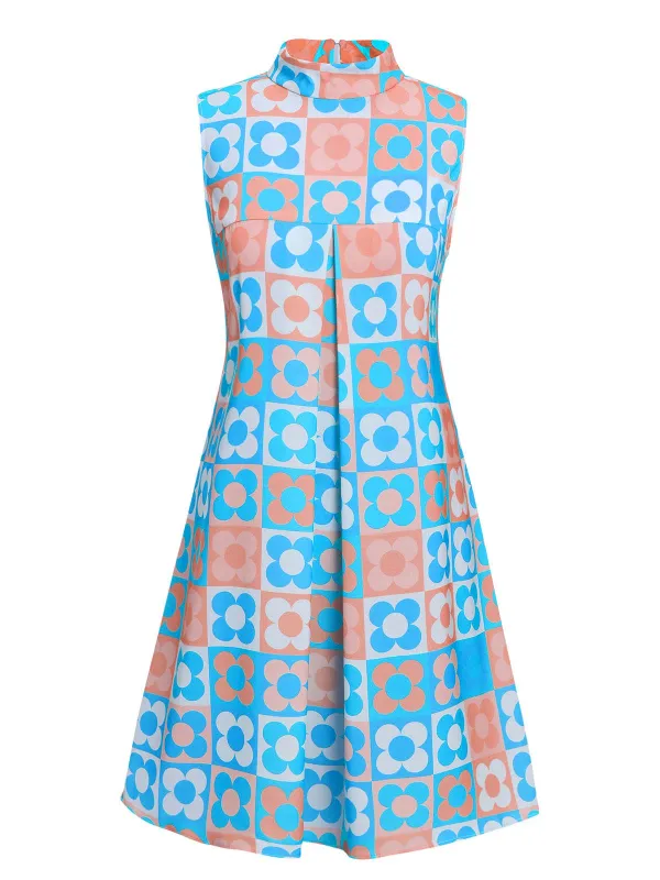 Blue 1960s Floral Stand Collar Dress sold by Retro Stage