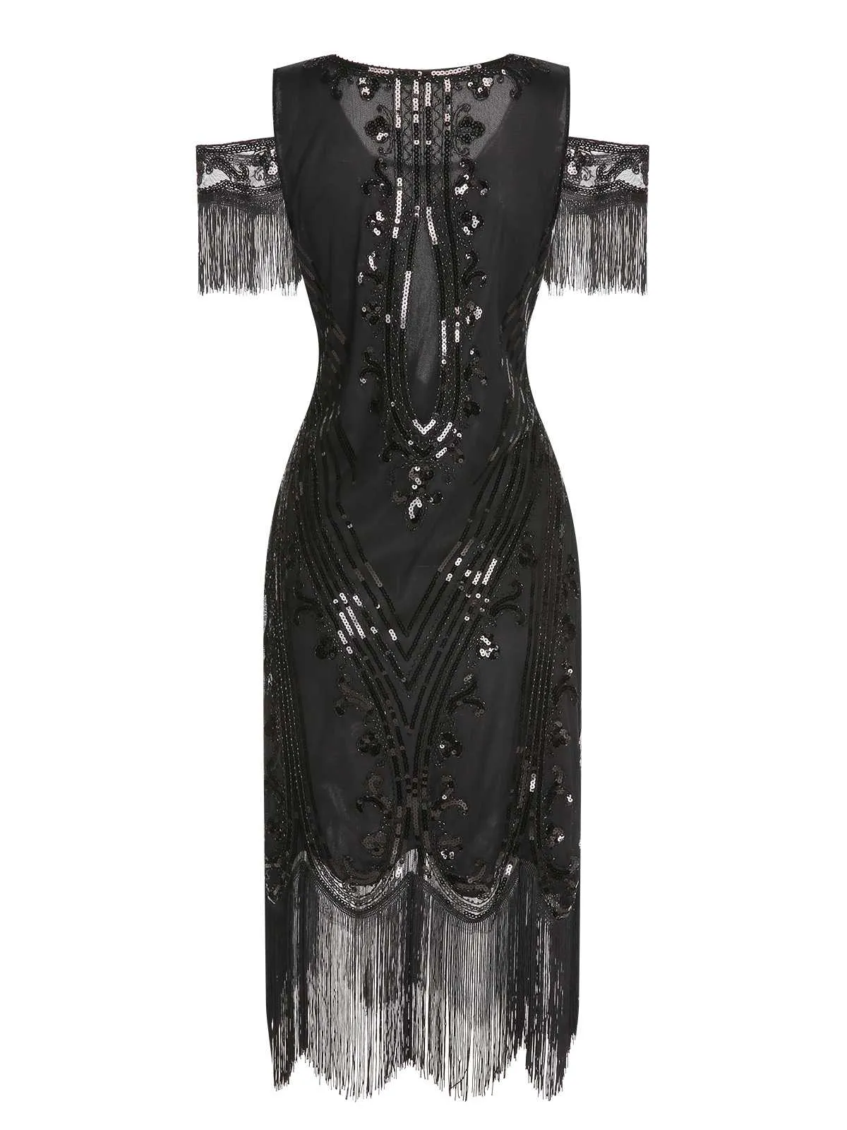 1920s Cold Shoulder Embroidered Fringe Sequins Dress & 6PCS Accessories sold by Retro Stage product image thumbnail 4