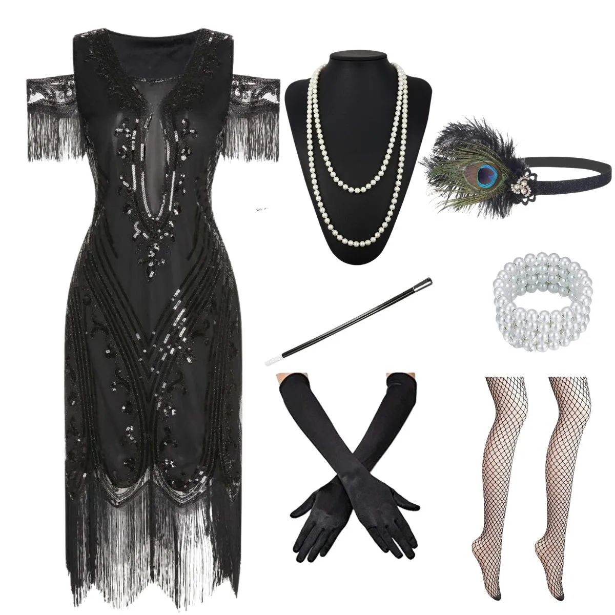 1920s Cold Shoulder Embroidered Fringe Sequins Dress & 6PCS Accessories sold by Retro Stage