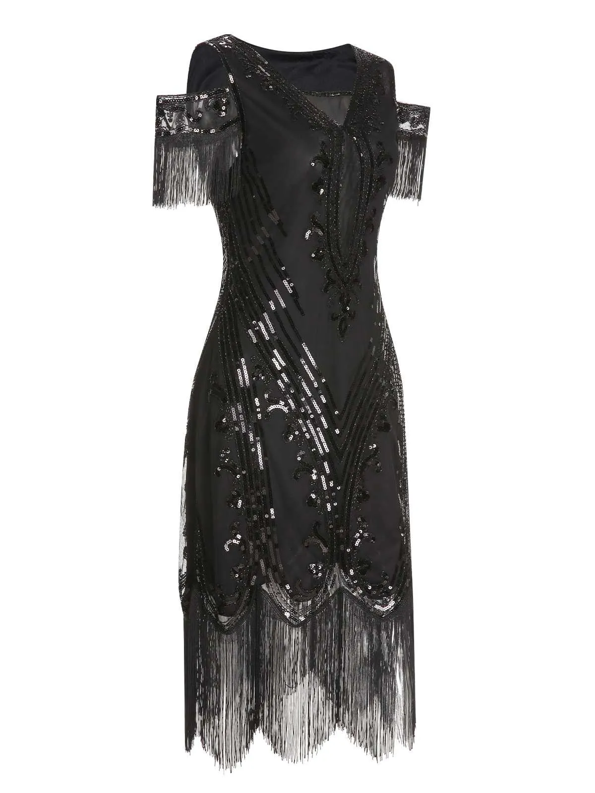1920s Cold Shoulder Embroidered Fringe Sequins Dress & 6PCS Accessories sold by Retro Stage product image thumbnail 3