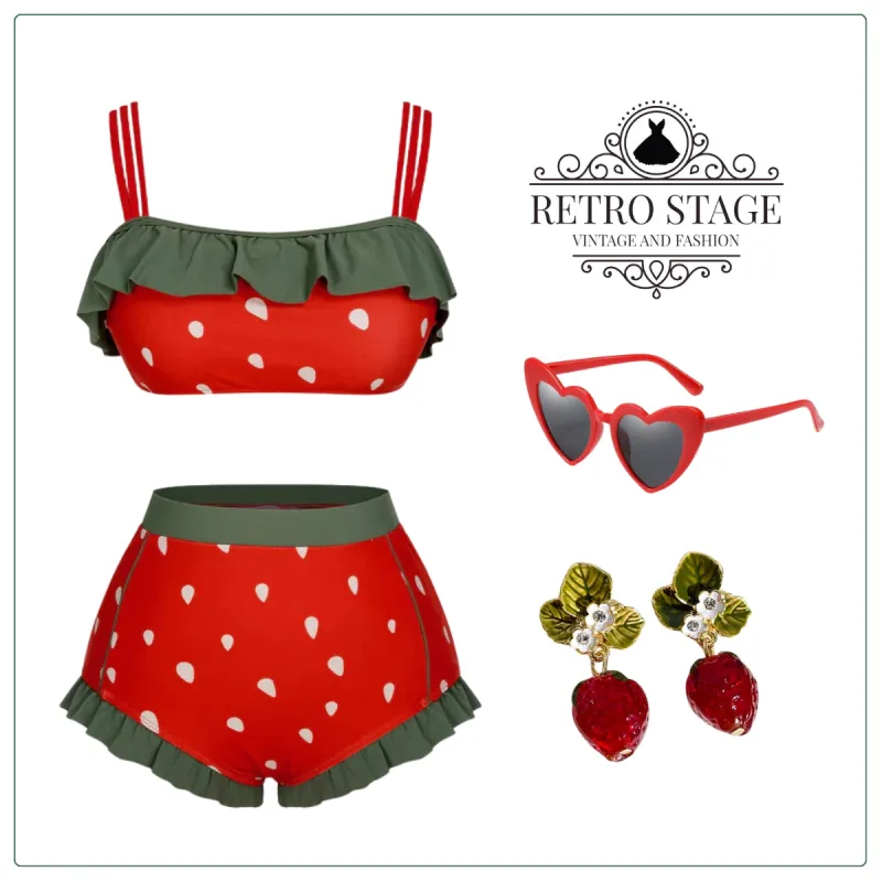 Red 1950s Strawberry Ruffle Strap Swimsuit sold by Retro Stage