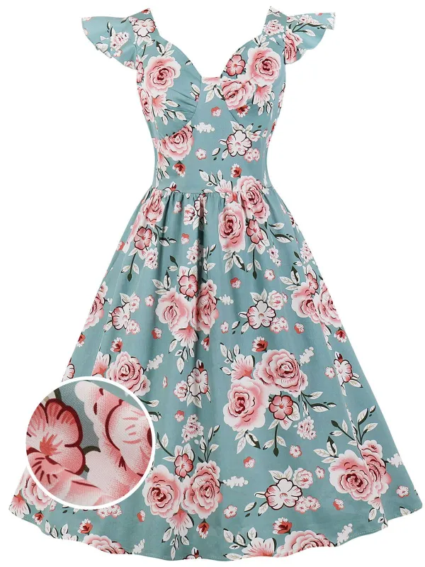 1950s Floral Flare Sleeve Swing Dress sold by Retro Stage