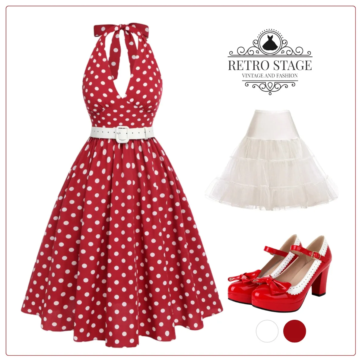Red 1950s Polka Dot Halter Dress sold by Retro Stage