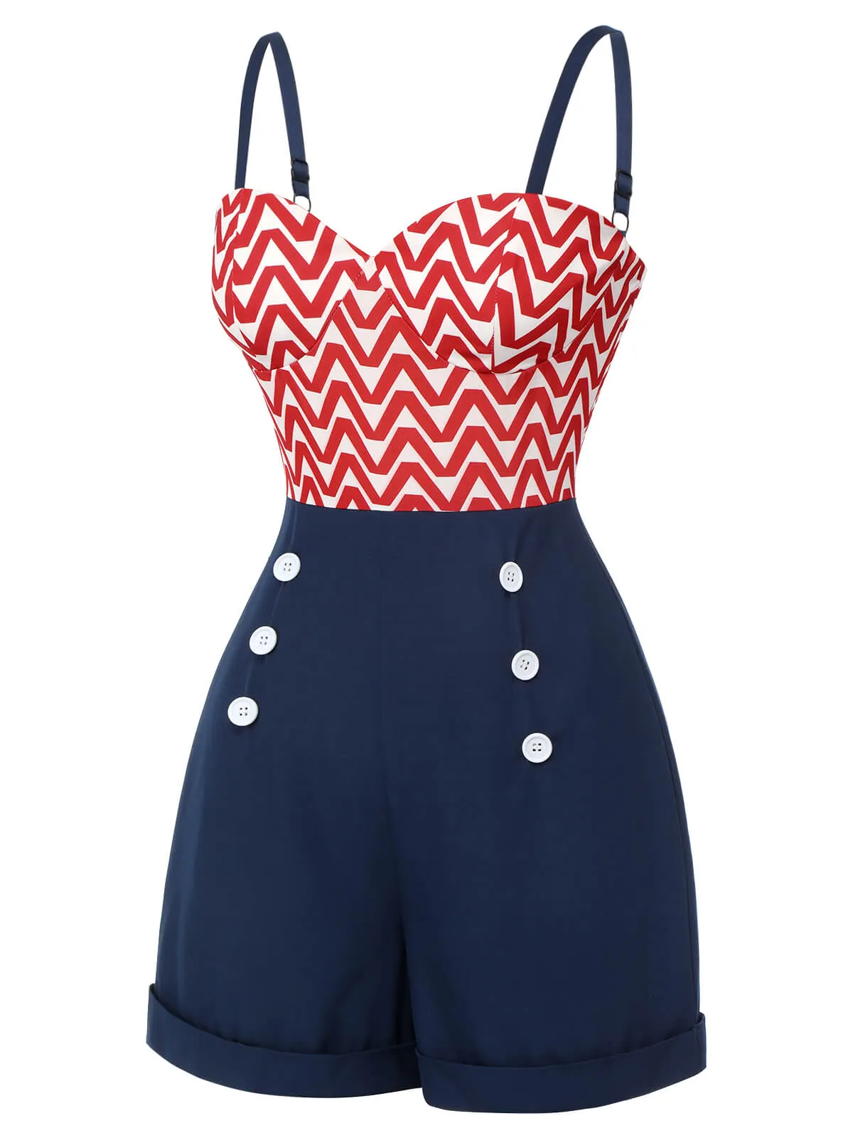 Red & Blue 1950s Chevron Stripe Strap Romper sold by Retro Stage product image thumbnail 4