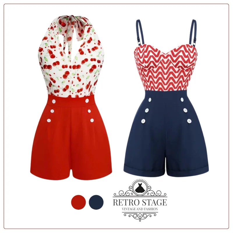 Red & Blue 1950s Chevron Stripe Strap Romper sold by Retro Stage