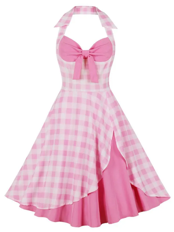 Pink 1950s Halter Plaids Patchwork Dress sold by Retro Stage