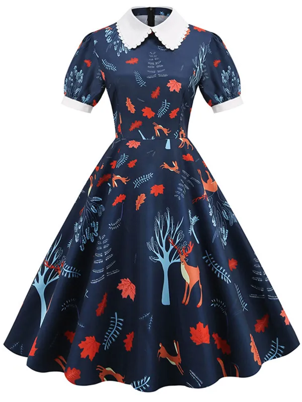 Dark Blue 1950s Forest Puff Lapel Dress sold by Retro Stage