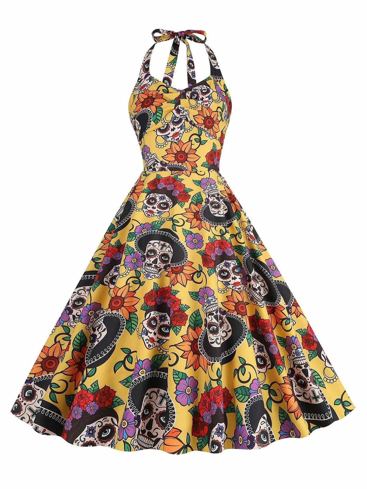 Yellow 1950s Hippie Skull Bow Halter Swing Dress sold by Retro Stage