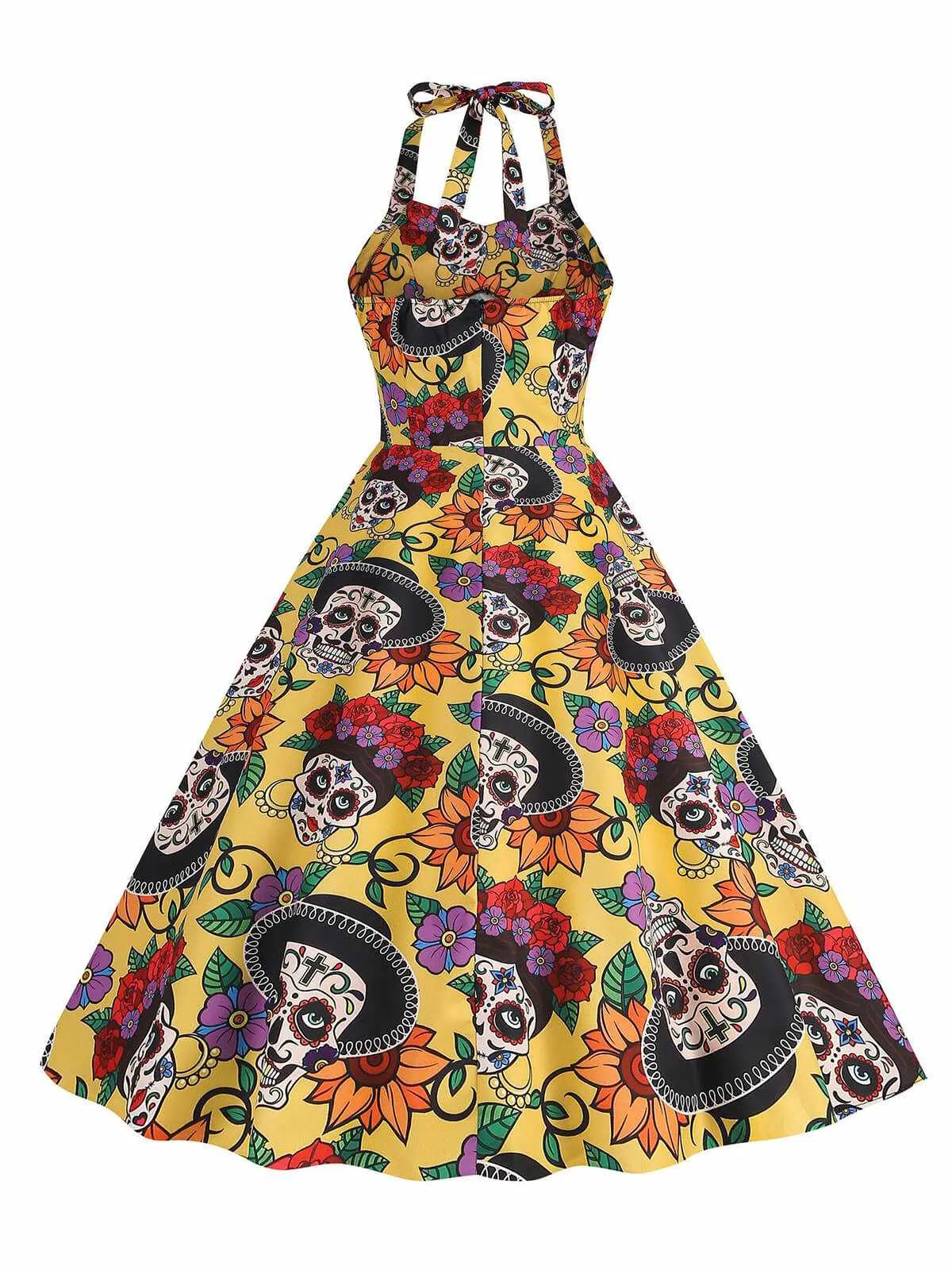 Yellow 1950s Hippie Skull Bow Halter Swing Dress sold by Retro Stage product image thumbnail 3