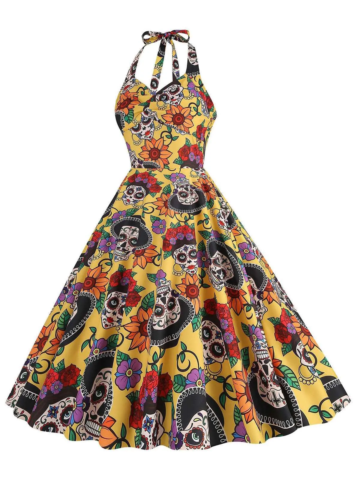 Yellow 1950s Hippie Skull Bow Halter Swing Dress sold by Retro Stage product image thumbnail 2