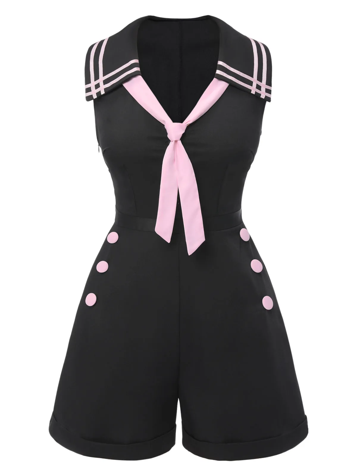 Black & Pink 1950s Solid Tie Lapel Romper sold by Retro Stage product image thumbnail 2