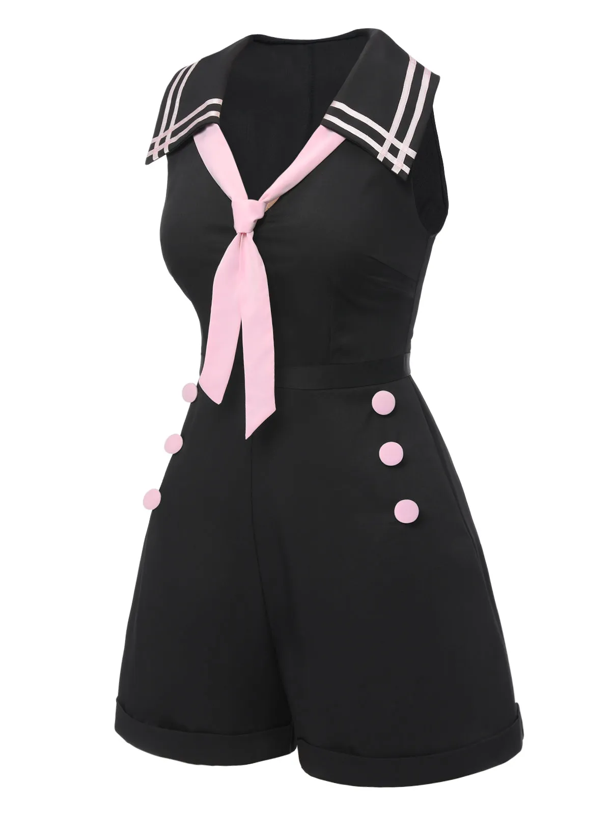 Black & Pink 1950s Solid Tie Lapel Romper sold by Retro Stage product image thumbnail 3