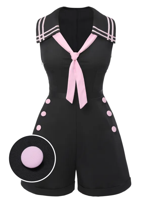 Black & Pink 1950s Solid Tie Lapel Romper sold by Retro Stage