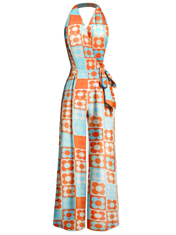 1960s Halter Colorblock Floral Sleeveless Jumpsuit sold by Retro Stage