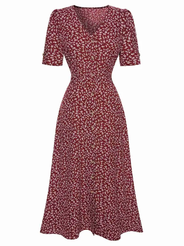 Wine Red 1940s V-Neck Ditsy Floral Dress sold by Retro Stage