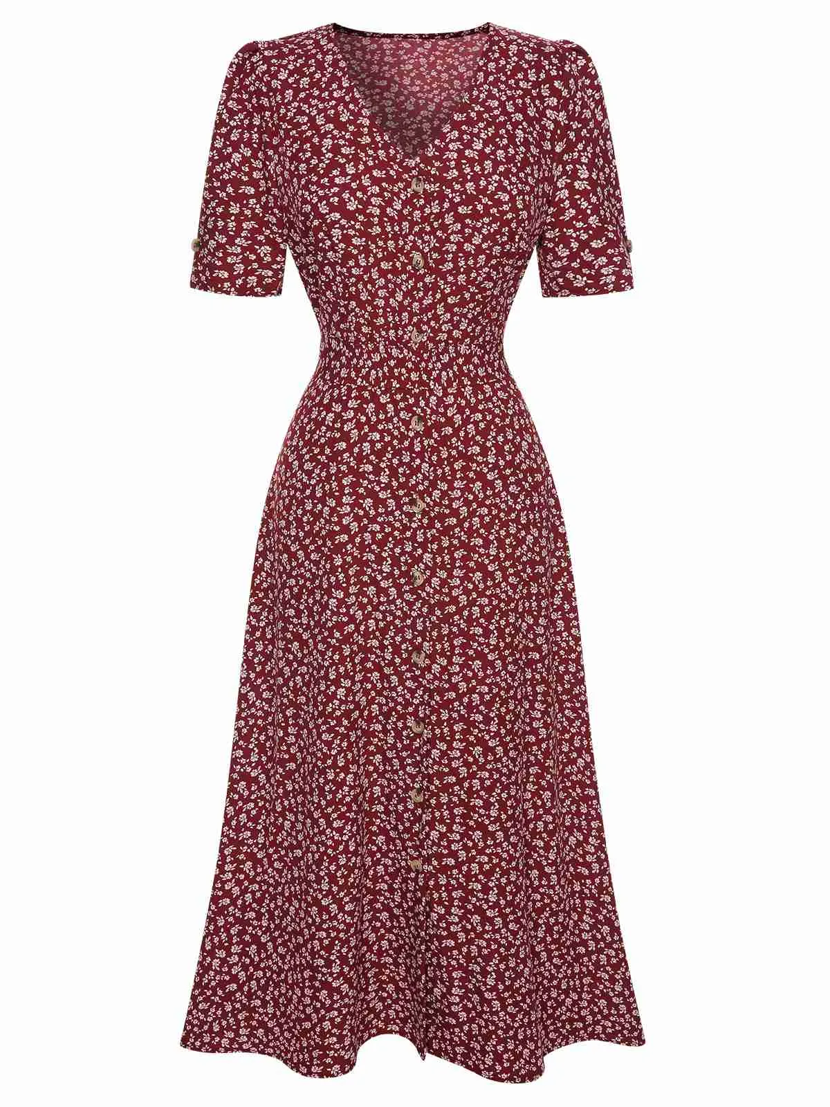 Wine Red 1940s V-Neck Ditsy Floral Dress sold by Retro Stage
