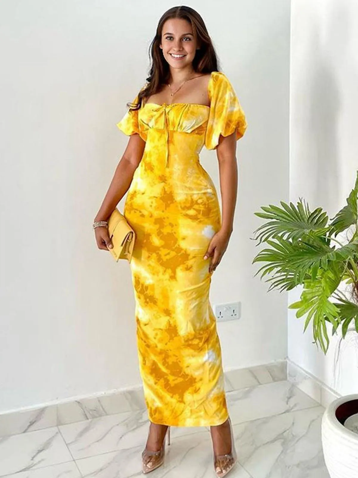 Yellow 1930s Puff Sleeves Square Neck Dress sold by Retro Stage product image thumbnail 2