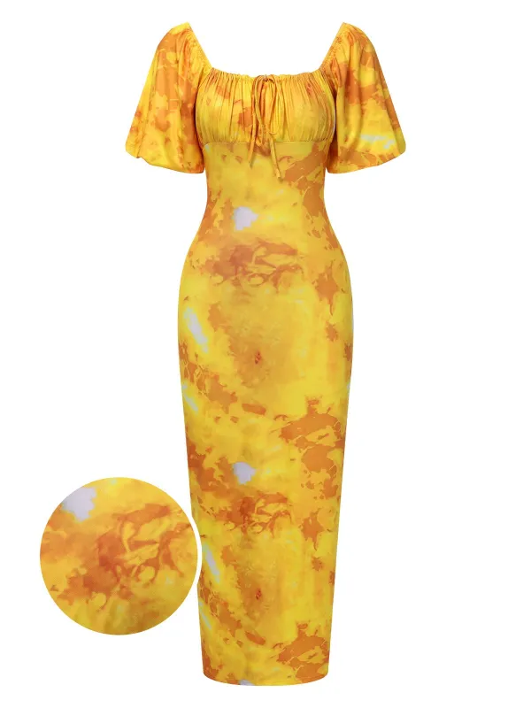 Yellow 1930s Puff Sleeves Square Neck Dress sold by Retro Stage