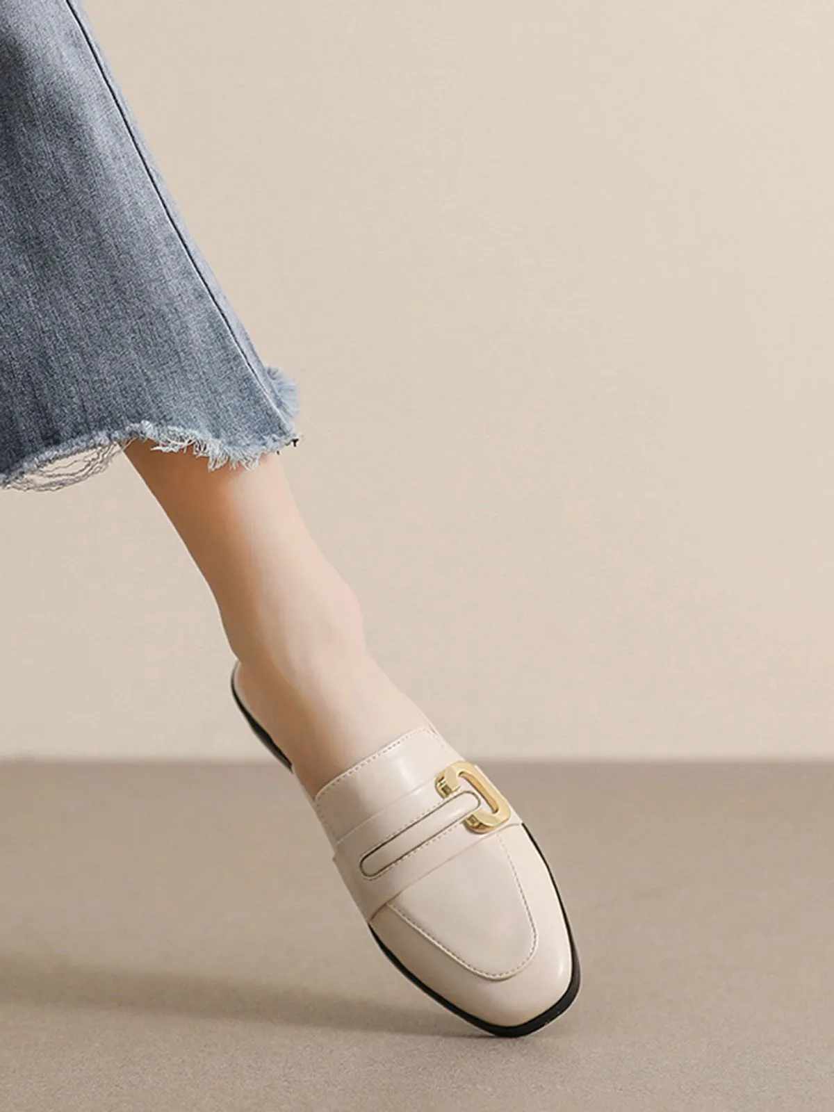 Retro Beige Leather Loafers Half Slippers sold by Retro Stage product image thumbnail 3