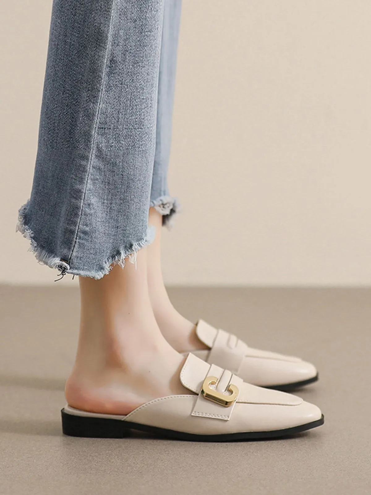 Retro Beige Leather Loafers Half Slippers sold by Retro Stage product image thumbnail 2