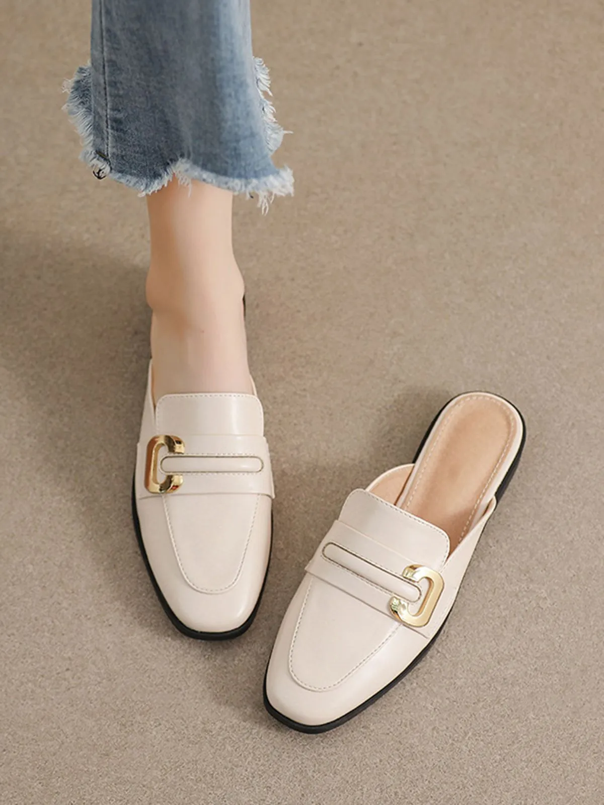 Retro Beige Leather Loafers Half Slippers sold by Retro Stage product image thumbnail 4