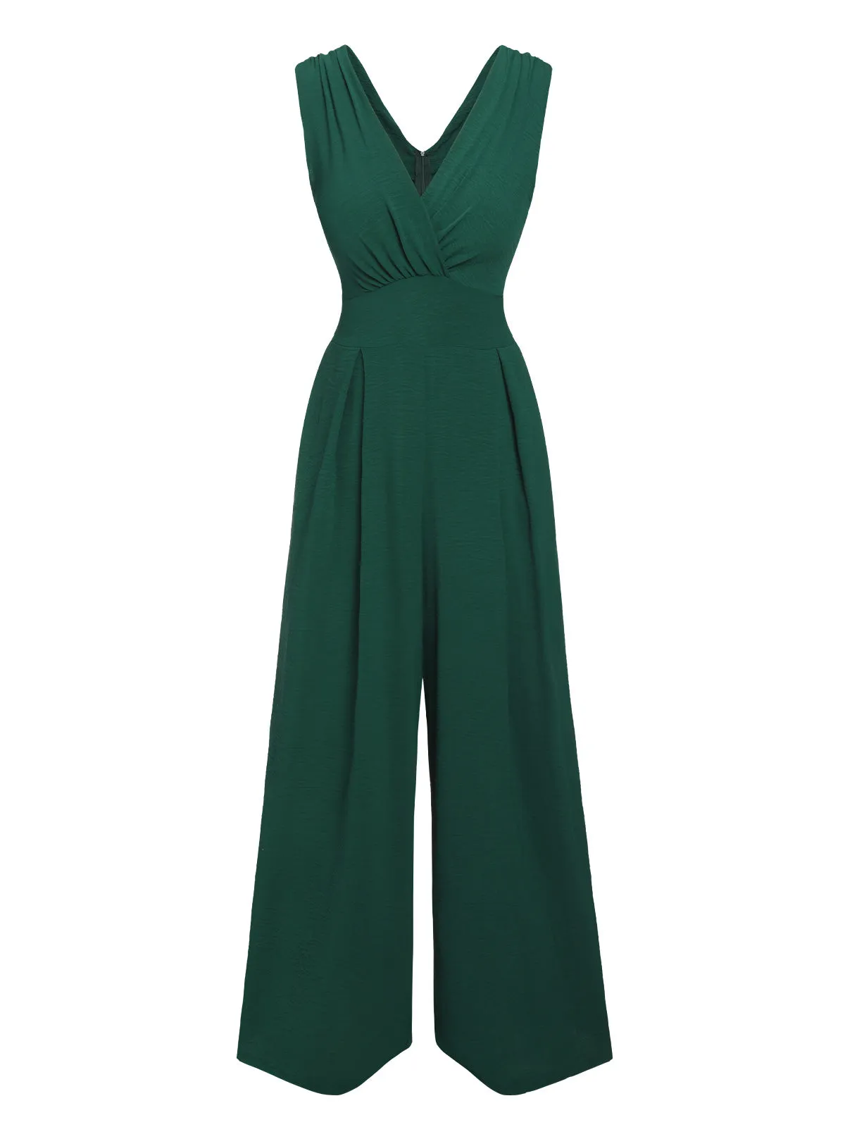 Green 1940s Solid V-Neck Wide-Leg Jumpsuit sold by Retro Stage