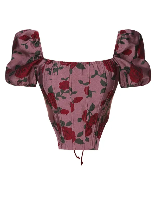 Wine Red 1950s Rose Puff Sleeves Top sold by Retro Stage