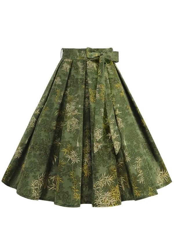 Green 1950s Floral Swing Belted Skirt sold by Retro Stage