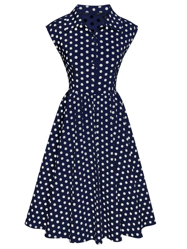 1940s Lapel Polka Dots Sleeveless Dress sold by Retro Stage