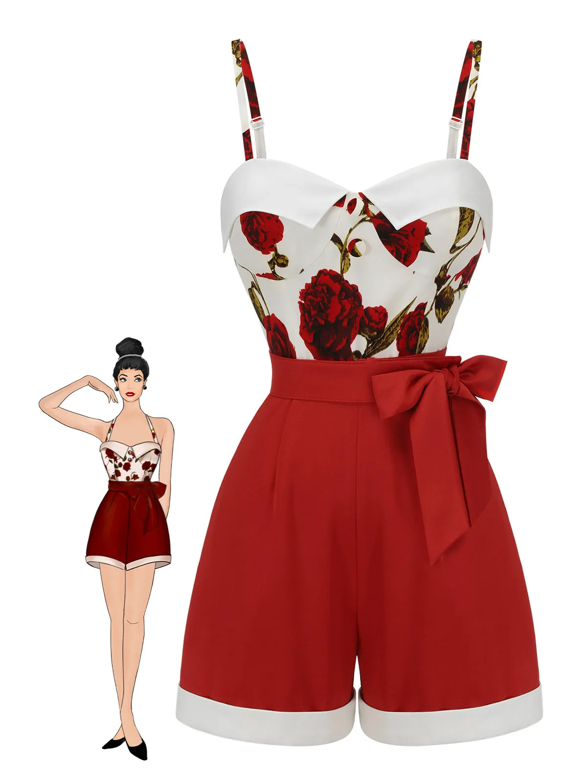 Red 1950s Floral Strap Patchwork Romper sold by Retro Stage product image thumbnail 2