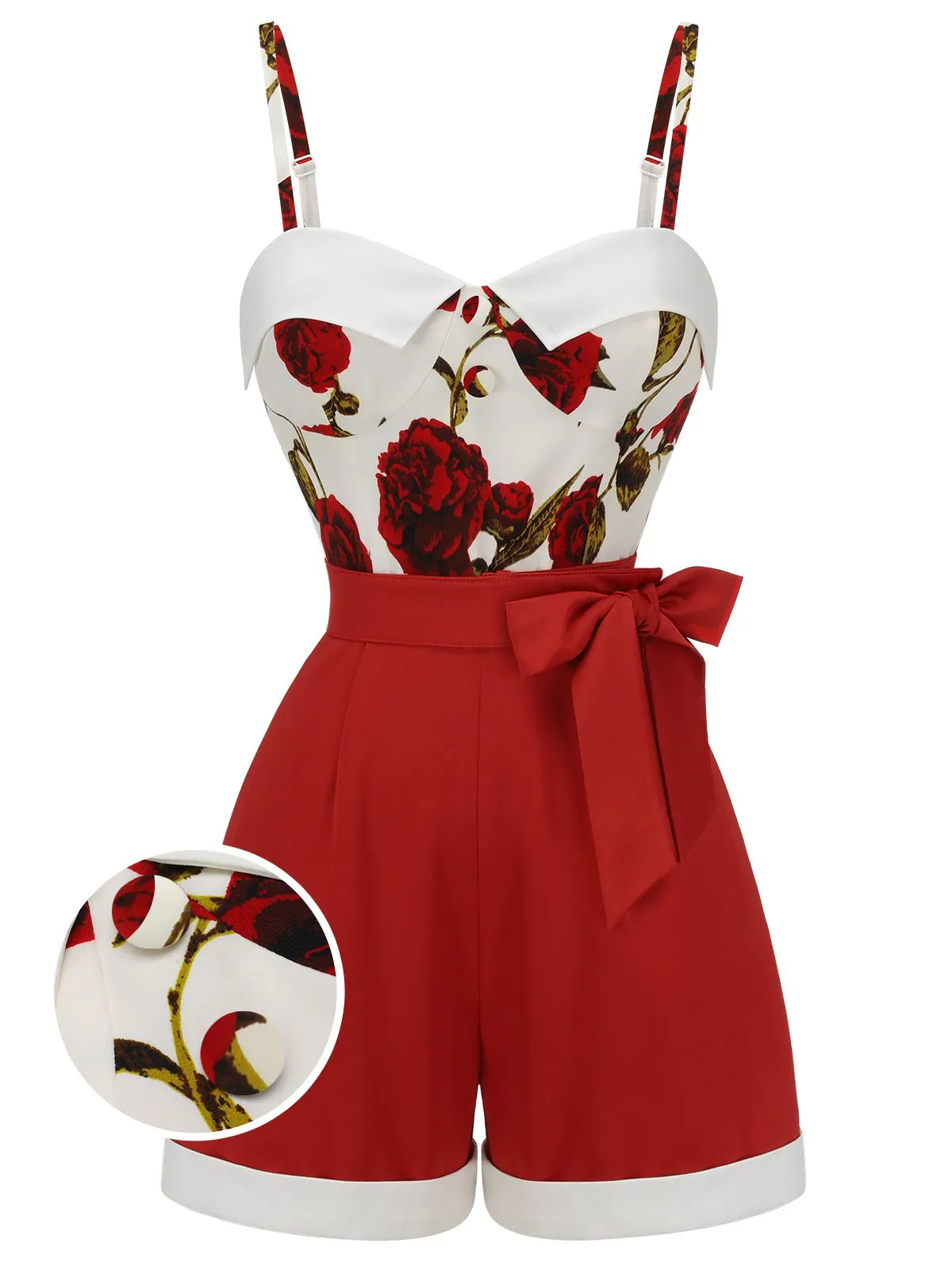 Red 1950s Floral Strap Patchwork Romper sold by Retro Stage product image thumbnail 3