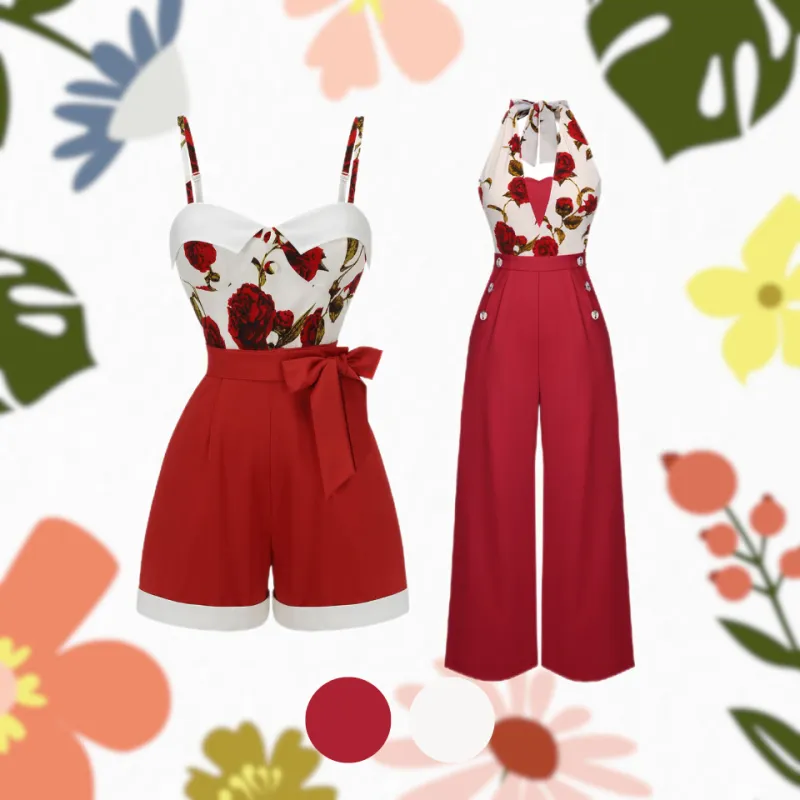 Red 1950s Floral Strap Patchwork Romper sold by Retro Stage
