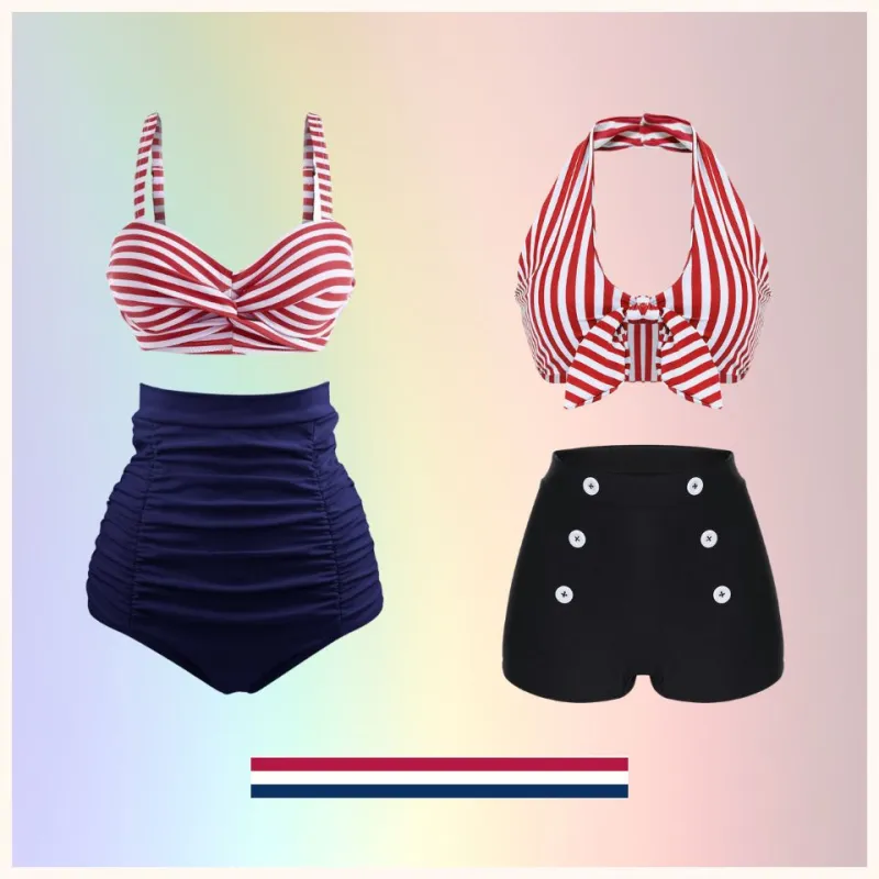 1940s Striped Colorblock Retro Bikini Set sold by Retro Stage