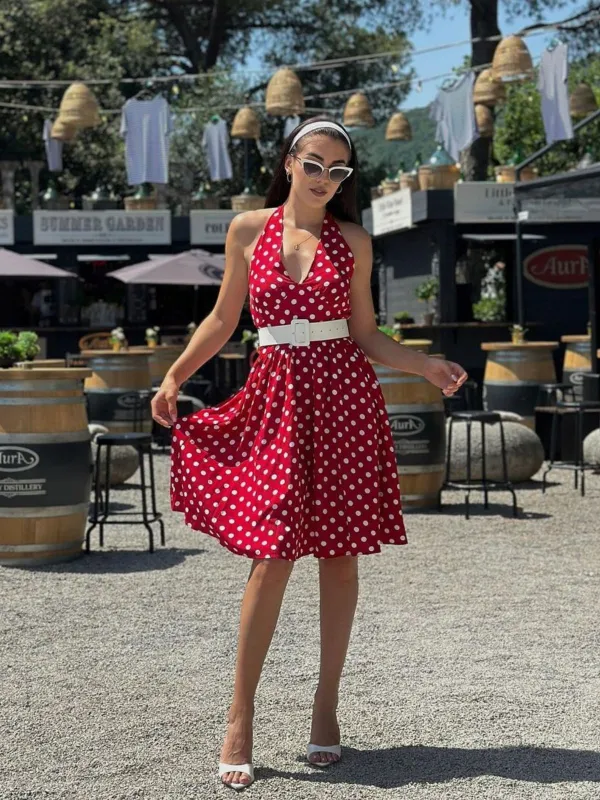 Red 1950s Polka Dot Halter Dress sold by Retro Stage