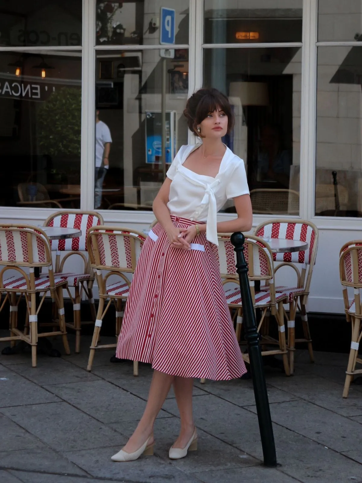 Red 1940s Buttoned Stripes Skirt sold by Retro Stage