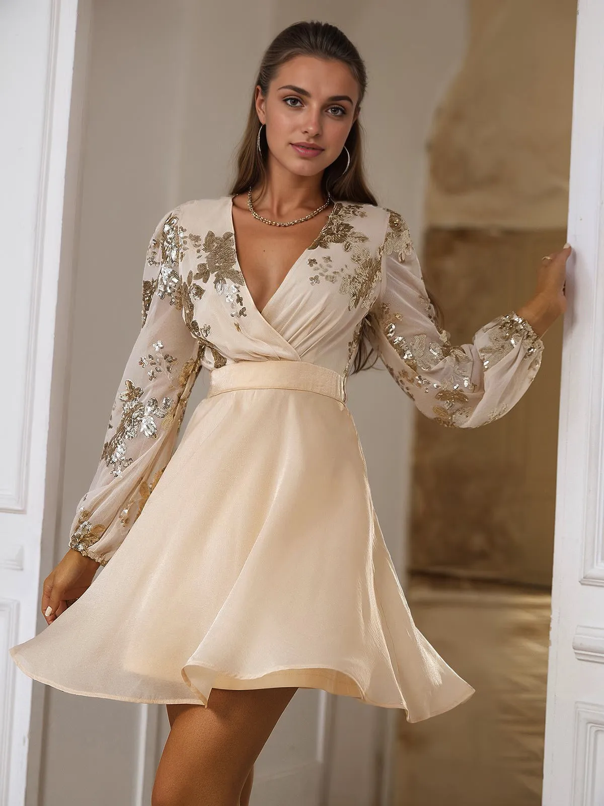 Champagne 1980s Gilded Long Sleeves Patchwork Dress sold by Retro Stage product image thumbnail 4