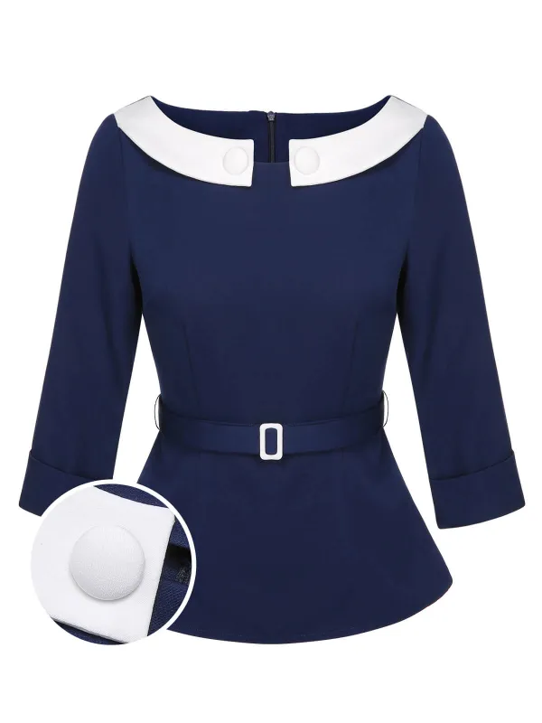 Blue 1960s Peter Pan Collar Belt Top sold by Retro Stage