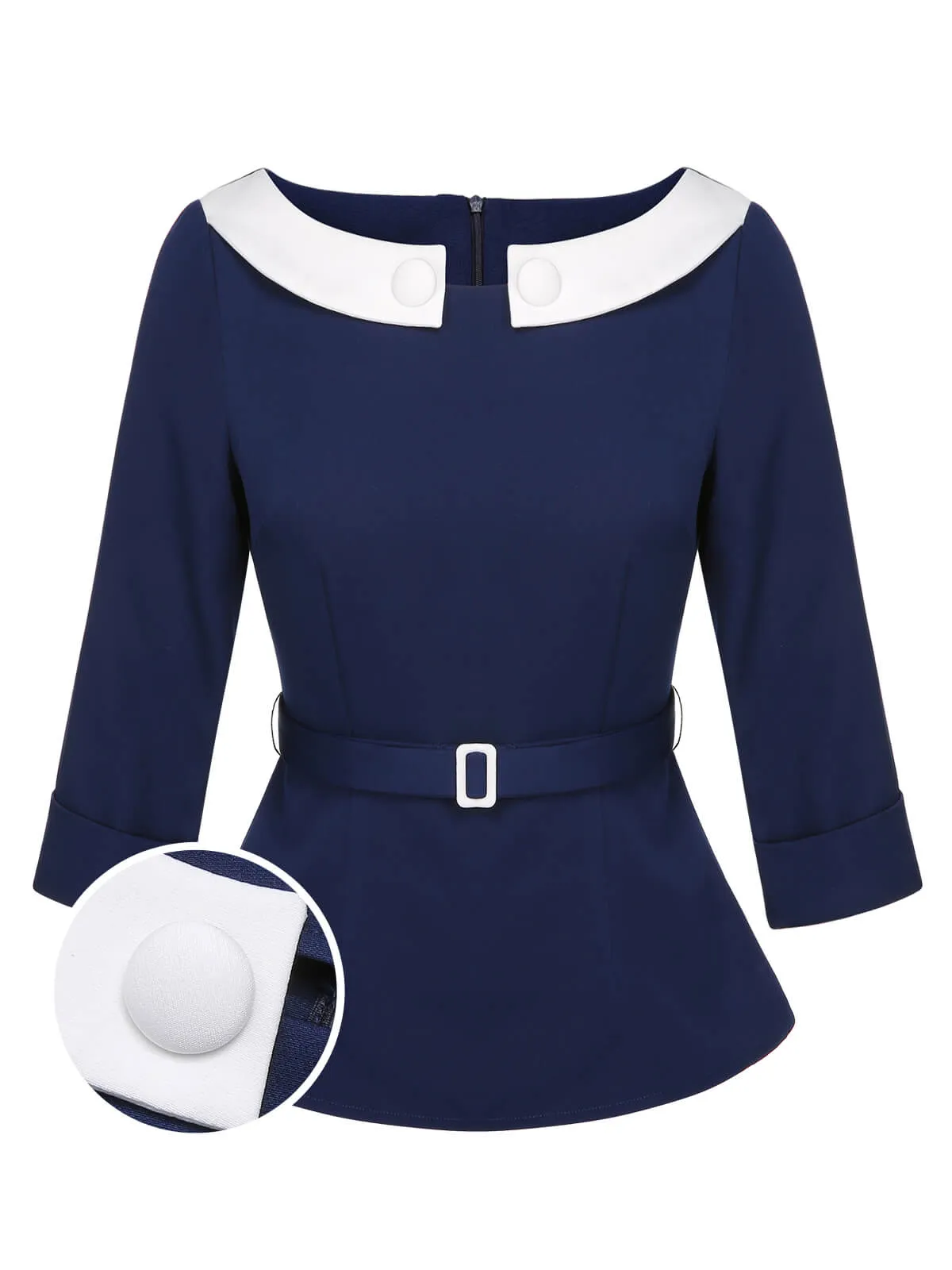 Blue 1960s Peter Pan Collar Belt Top sold by Retro Stage