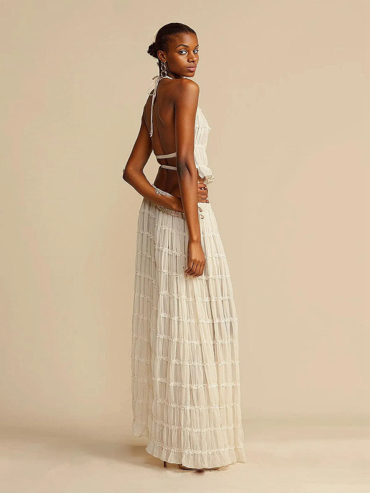 2PCS White 1970s Wrinkle Halter Backless Top & Skirts sold by Retro Stage product image thumbnail 4