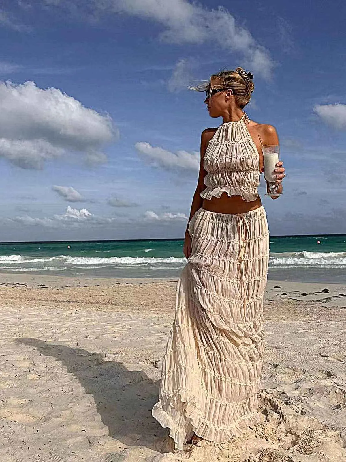 2PCS White 1970s Wrinkle Halter Backless Top & Skirts sold by Retro Stage product image thumbnail 5