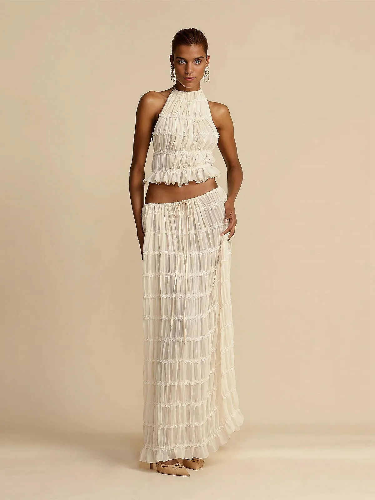 2PCS White 1970s Wrinkle Halter Backless Top & Skirts sold by Retro Stage product image thumbnail 2