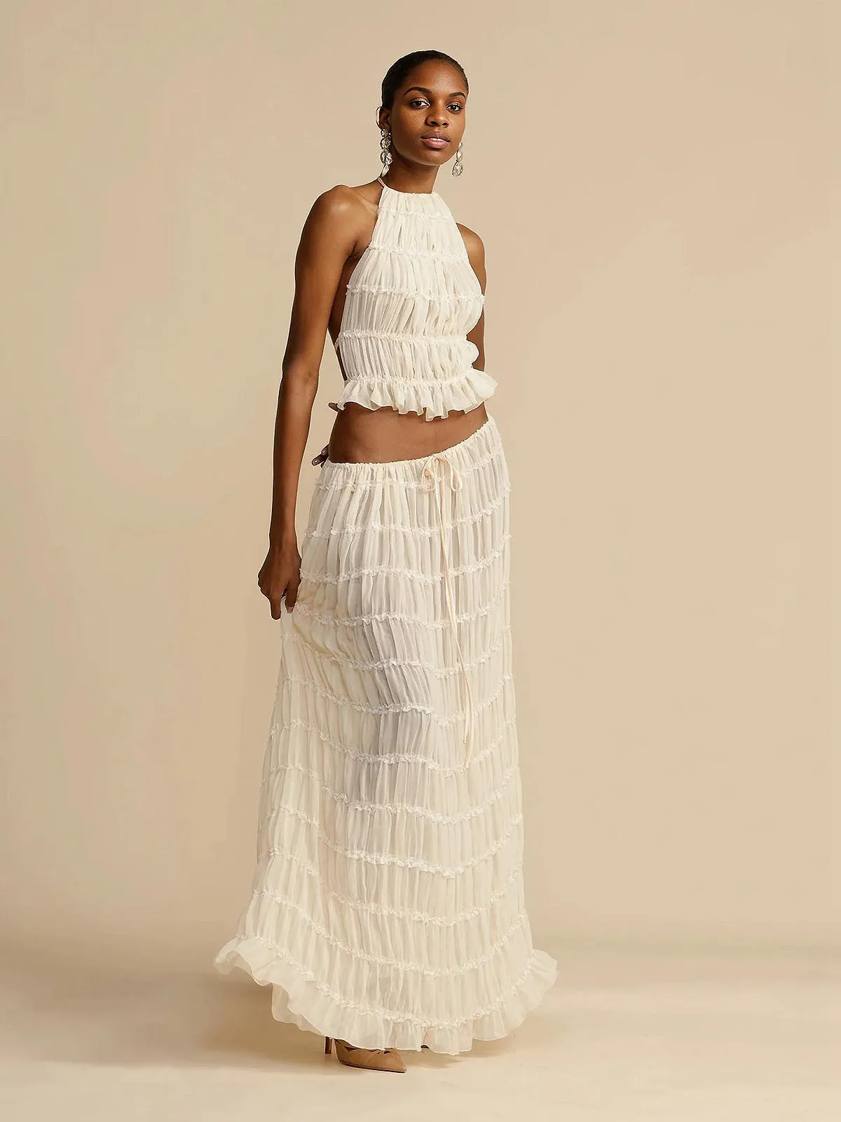 2PCS White 1970s Wrinkle Halter Backless Top & Skirts sold by Retro Stage product image thumbnail 3