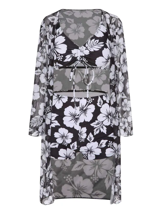 3PCS Black 1950s Flowers Swimsuit & Cover-Up sold by Retro Stage