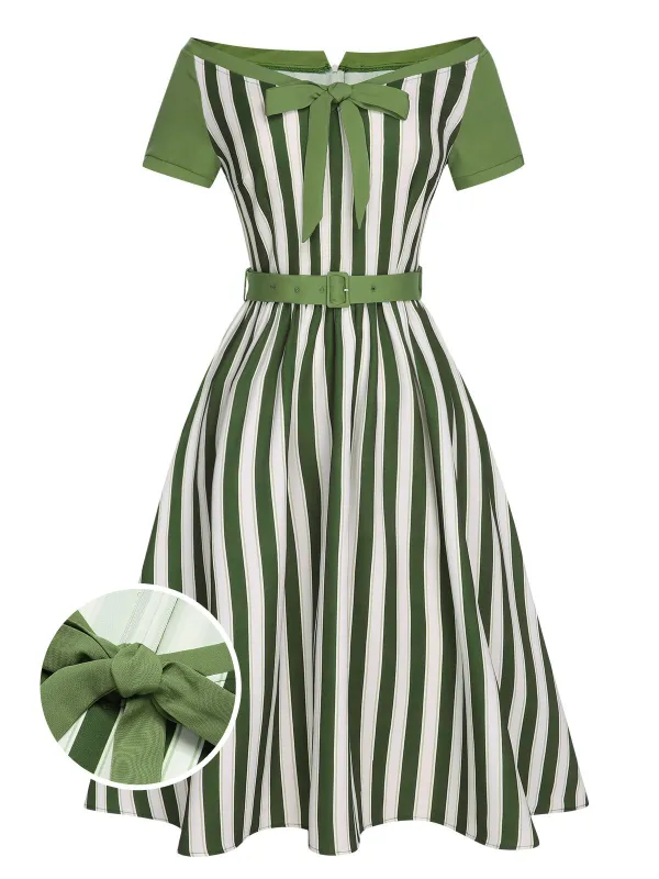 Green 1940s Off-Shoulder Stripes Bow Belted Dress sold by Retro Stage