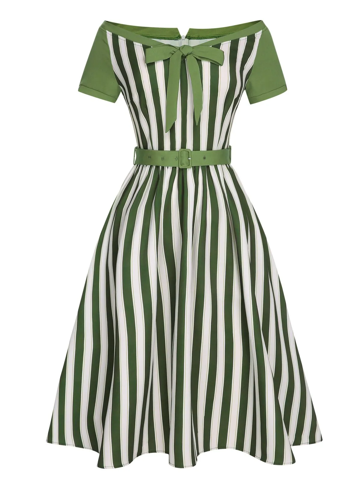 Green 1940s Off-Shoulder Stripes Bow Belted Dress sold by Retro Stage product image thumbnail 2