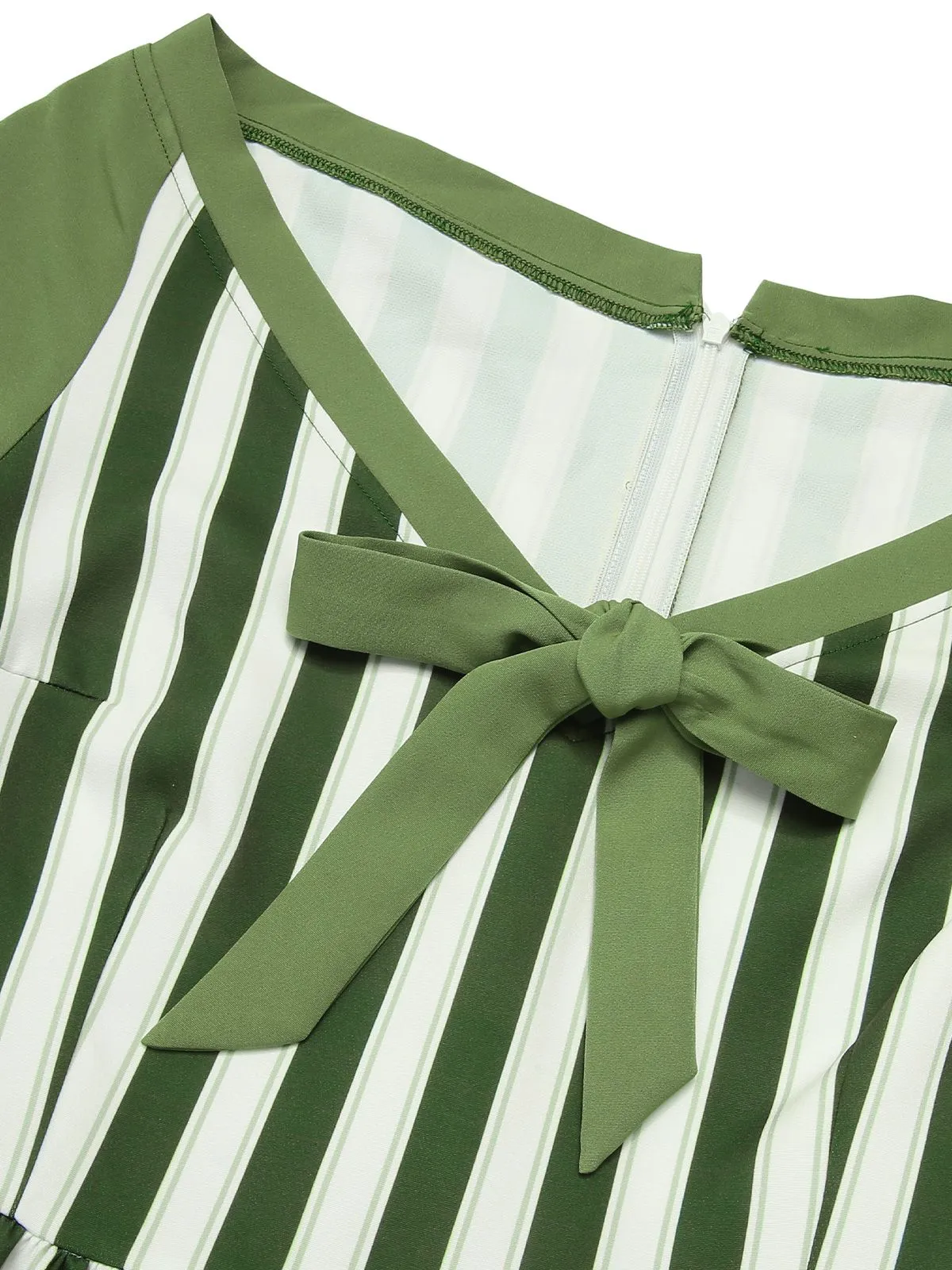 Green 1940s Off-Shoulder Stripes Bow Belted Dress sold by Retro Stage product image thumbnail 5