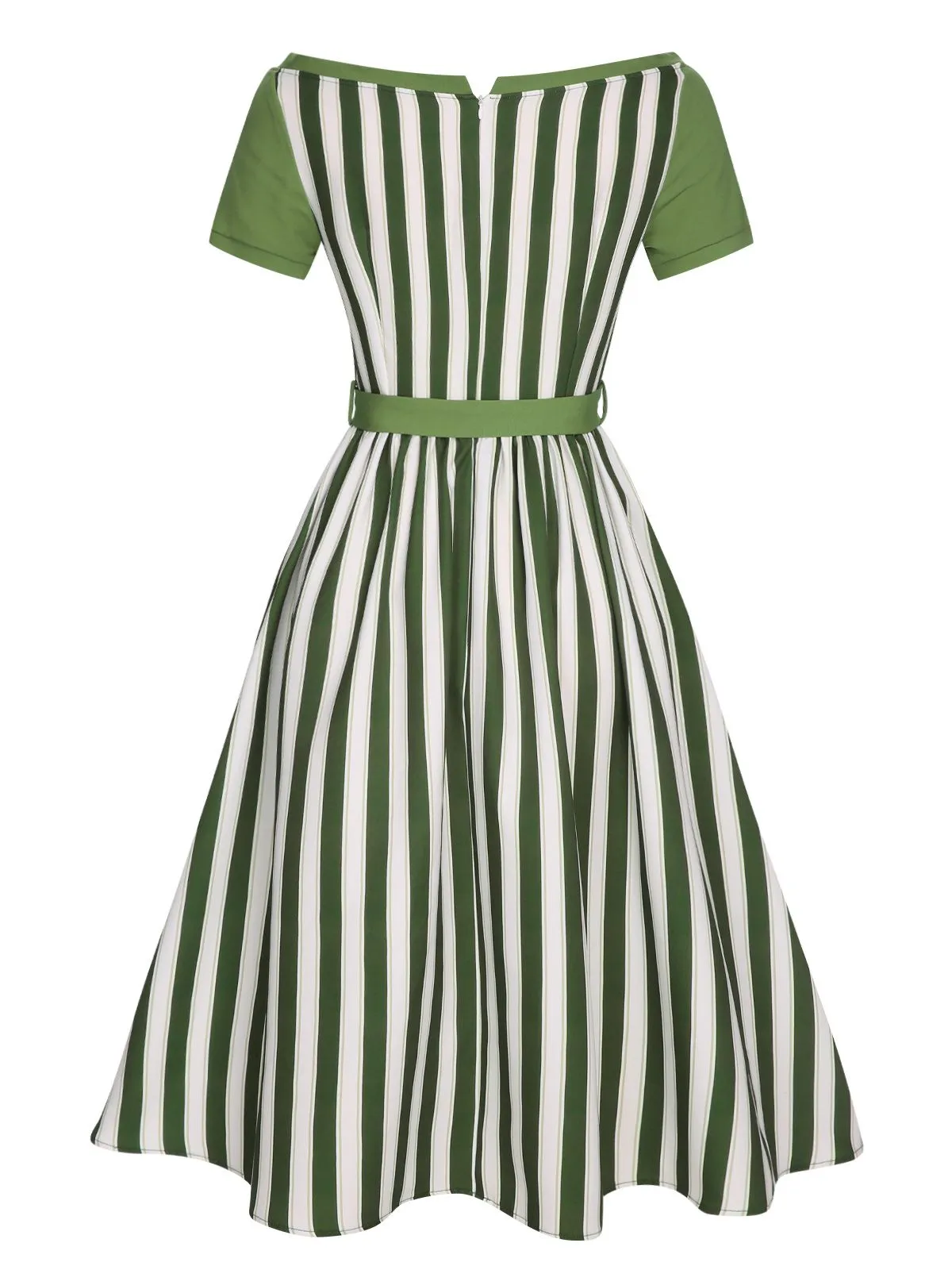 Green 1940s Off-Shoulder Stripes Bow Belted Dress sold by Retro Stage product image thumbnail 4