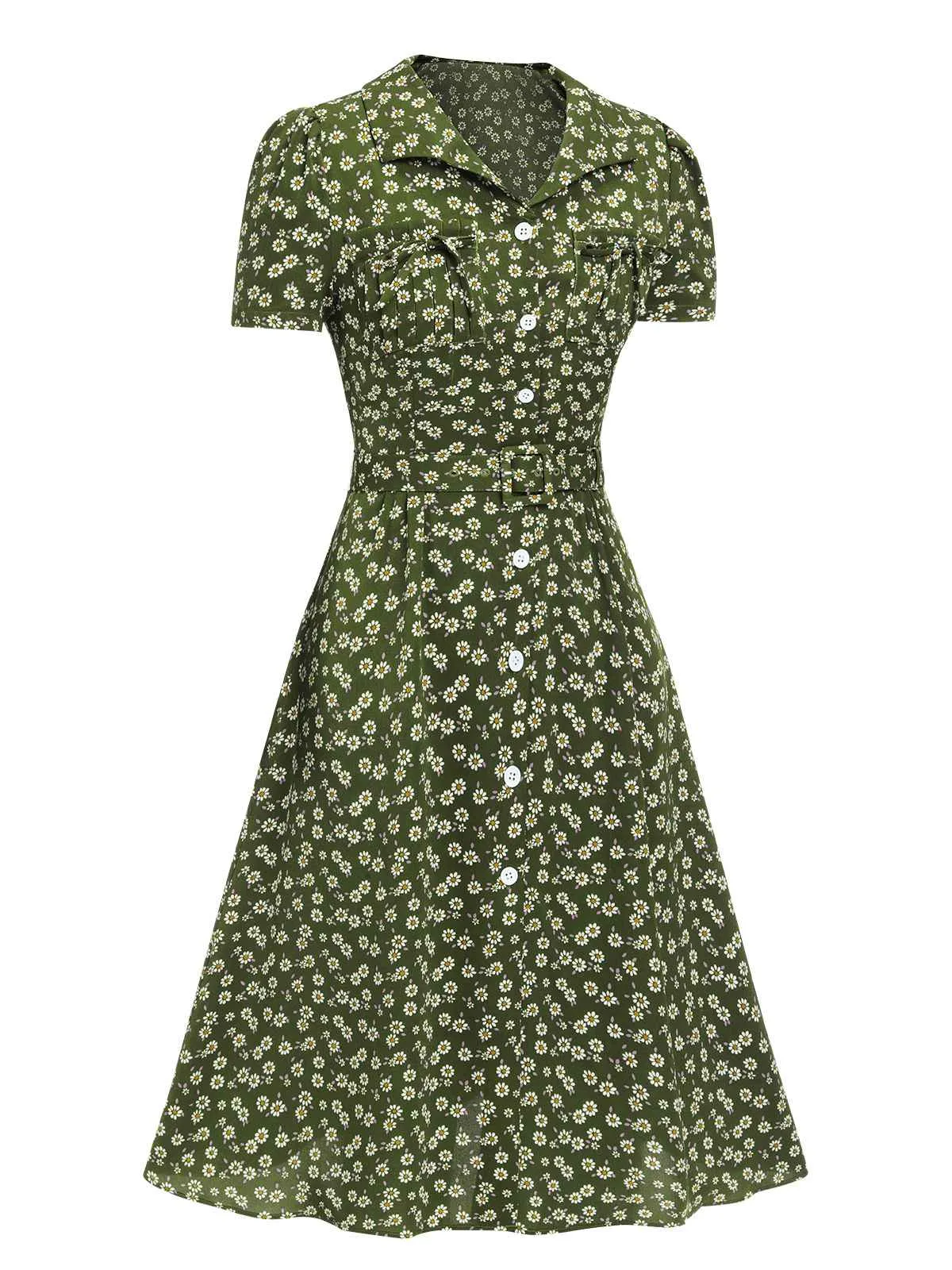 Green 1940s Lapel Buttons Ditsy Floral Dress sold by Retro Stage product image thumbnail 3
